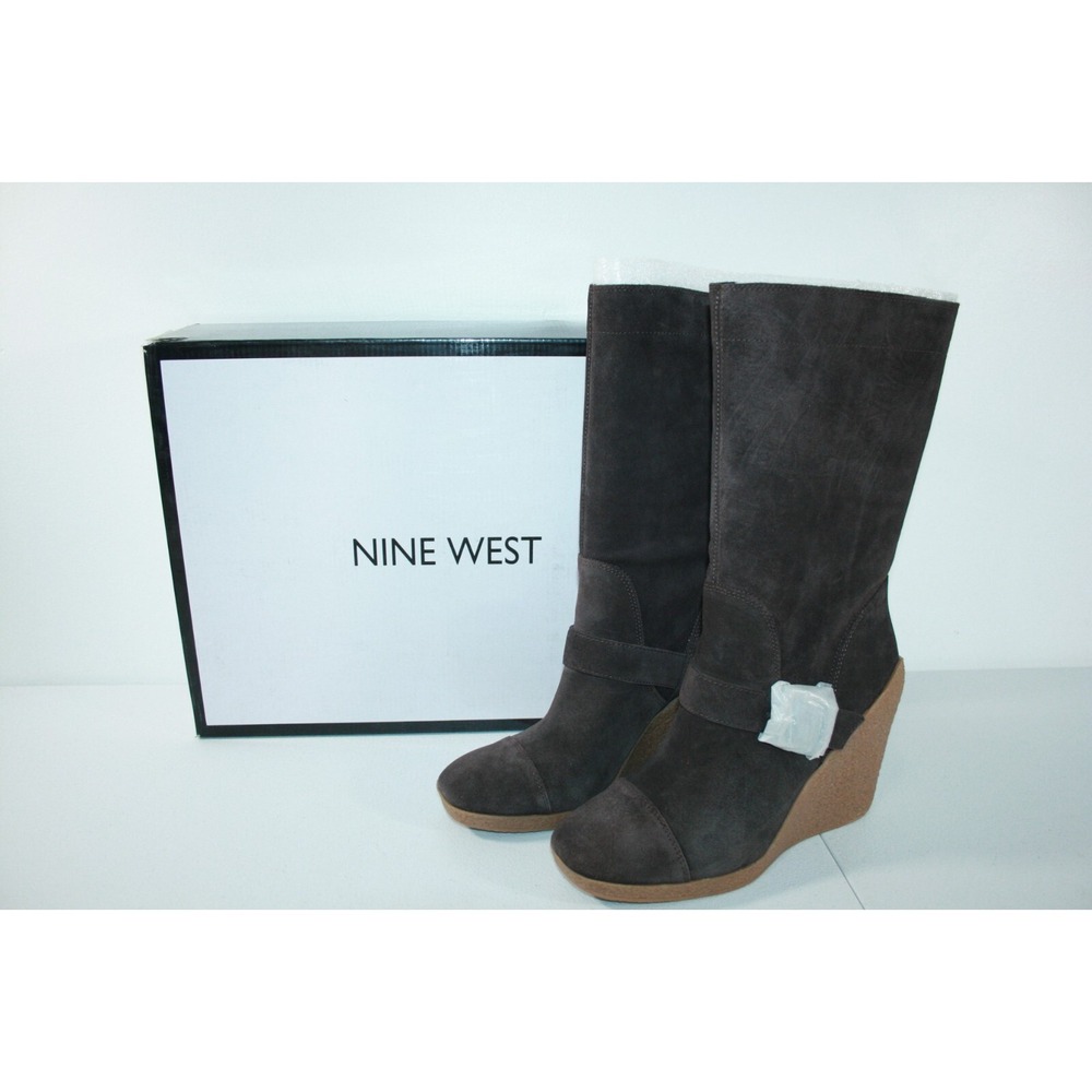 Nine West Women's Dark Brown Suede Mid Calf Wedge Boots Size 9.5 M NEW